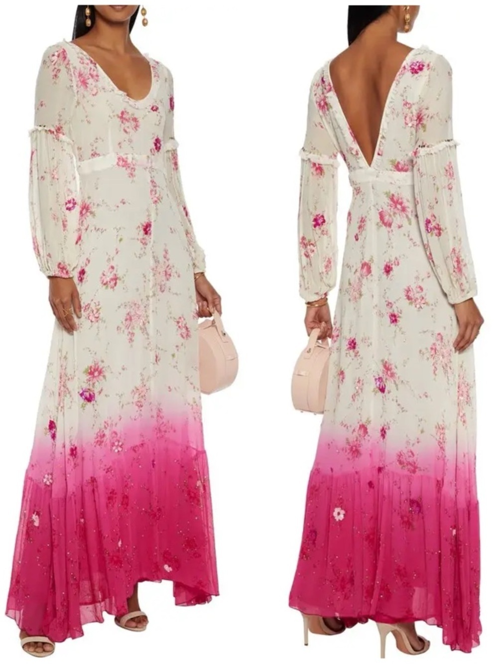 NWT LoveShackFancy Zaria Sequin Embellished Degrade Floral Print Silk Gauze Gown